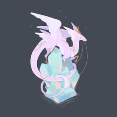 a pink and white dragon sitting on top of a pile of ice cubes in the dark