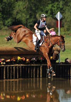 a person riding on the back of a brown horse in front of some water and trees