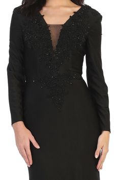 This elegant evening gown long sleeve & plus size features: Mesh modesty piece, stretchy, short train, hand sewn applique on bodice, & v shape back. Fabric: Stretch Jersey. Will look amazing as a modern mother of bride dress, for a mother of the groom, or for any formal event. 4 6 8 10 12 14 16 18 20 BUST 33 34 36 38 40 43 46 48 50 WAIST 25 26 28 30 32 35 38 40 42 HIP 37 38 40 42 44 47 50 52 54