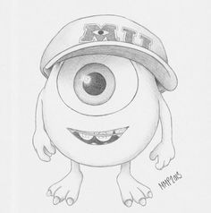 a drawing of a cartoon character with big eyes and a baseball cap on his head