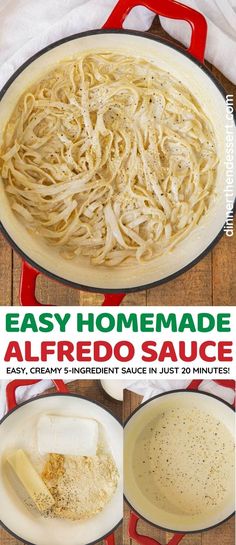 an easy homemade alfredo sauce recipe in a skillet with ingredients to make it taste like pasta