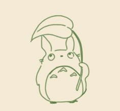 a green line drawing of a totoro holding an umbrella