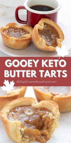 gooey keto butter tarts on a plate next to a cup of coffee