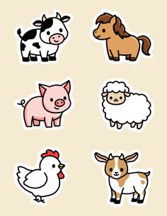 various farm animals stickers on a light colored background, including a cow, pig, and chicken