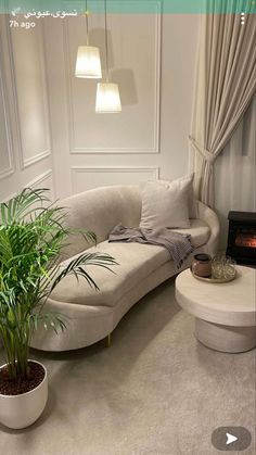 a living room filled with furniture and a potted plant next to a fire place