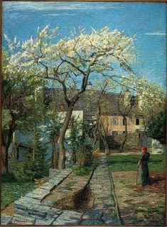 a painting of a woman walking down a path in front of a house and trees