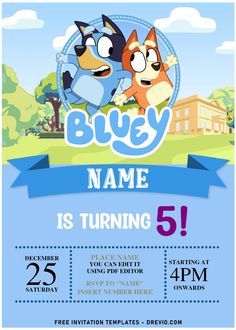 a blue and white flyer for a birthday party with two cartoon dogs on the front