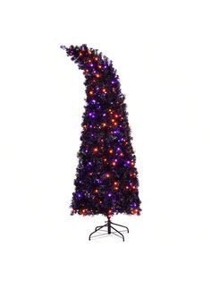 a purple christmas tree with multicolored lights on it's top and base