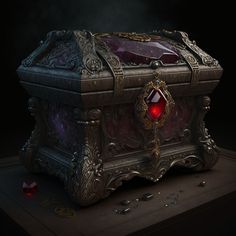 an elaborately decorated chest with a red jewel in the center and gold trimmings