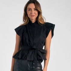 Black Ruffle Top - short sleeve top with wrap front. Short Sleeve Wrap Top For Day Out, Versatile Wrap Top For Night Out, Chic Fitted Top With Faux Wrap, Chic Fitted Faux Wrap Top, Chic Fitted Short Sleeve Top For Spring, Chic Short Sleeve Tops For Day Out, Chic Fitted Tops With Flutter Sleeves, Chic Fitted Short Sleeve Wrap Top, Black Short Sleeve Top For Spring Workwear