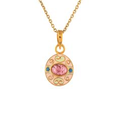 Pink Tourmaline Cabochon & Turquoise 14K Gold Vermeil Over Sterling Silver Art Deco Enameled Pendant 925 Silver = 1.70 gm. Pink Tourmaline Cabochon & Turquoise = 1.00 ct. Tourmaline is the birthstone for October and is a symbol of love, joy and happiness. Turquoise is the birthstone for December and is a symbol of opulence. The beautiful Pendant measures to be 1.00 inches long including bale and 0.50 inches wide at its maximum points. The Pendant have been made by a team of highly trained and skilled artisans. 14K Gold Vermeil Over 925 Sterling Silver Chain can be provided at additional cost of US$ 25.00 What is Vermeil 14K Gold? It is a thick layer of 14K Gold plating on 925 Sterling Silver. If for any reason you are not completely satisfied, you may return, exchange, replace, or credit y Yellow Gold Enamel Oval Pendant Jewelry, Yellow Gold Enamel Oval Jewelry, Oval Yellow Gold Enamel Jewelry, Enamel Yellow Gold Jewelry With Cabochon, Gold Oval Enamel Jewelry, Yellow Gold Enamel Jewelry With Inlay, Yellow Gold Jewelry With Enamel Inlay, Oval Gold Enamel Jewelry, Vintage Enamel Jewelry With Gemstone