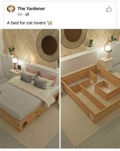 two pictures of a bed with wooden frame and pillows on it, one is made out of wood