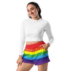 Add these cute striped rainbow shorts to your festival wardrobe. Not only super cool for pride events, they are also functional athletic shorts suitable for swimming, spending time on the beach or by the pool, gym workouts or outdoor leisure activities. You'll also appreciate the mesh pockets large enough to hold your phone. DETAILSComfortable elastic waistband with a flat white drawstringDeep mesh side-pocketsWater-repellent microfiber fabricMoisture wickingBreathable & fast dryingUPF50+ protectionMATERIAL91% recycled polyester, 9% spandex (composition may vary by up to 3%)Model wears size MHeight 5.5 feet (165 cm), waist circumference 29.1" (74 cm), hips 36.6" (93 cm) Playful Summer Workout Shorts, Playful Workout Shorts For Summer, Multicolor Gym Bottoms For Summer, Multicolor Activewear With Built-in Shorts For Summer, Playful White Shorts For Beach Season, Playful Shorts For Swimming, Multicolor Athletic Shorts For Summer Workout, Summer Workout Multicolor Athletic Shorts, Summer Rainbow Stretch Bottoms