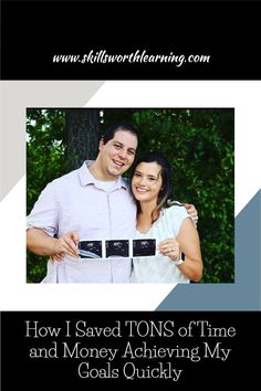 a man and woman are smiling while holding a card with the words how i saved tons of time and money achieving my goals quickly