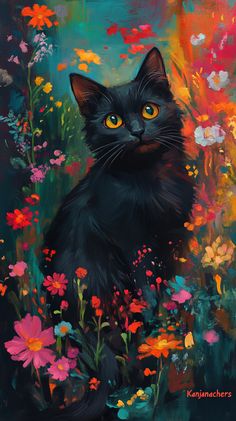 a painting of a black cat surrounded by flowers