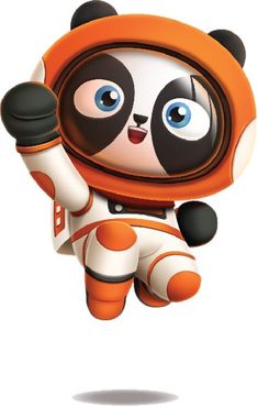 a cartoon panda in an orange space suit is flying through the air with his arms up