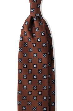 3-Fold Floral Patterned Printed Silk Tie - Brown/Navy/Light Blue/White - Brunati Como