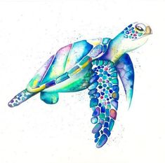 a watercolor painting of a sea turtle with colorful colors on it's shell