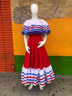 DOMINICAN REPUBLIC DRESS, Puerto Rico Dress, Costa Rica Dress, Caribbean Dress, Boricua Dress, Chile Dress, Paraguay Dress - Etsy Puerto Rico Traditional Clothing, Puerto Rican Culture Outfits, Puerto Rico Dress, Dominican Republic Outfits, Caribbean Dress, Puerto Rican Culture, North Hills, Traditional Dance, Beautiful Suit