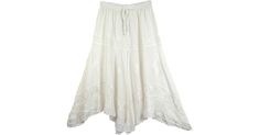 Snow White Boho Chic Skirt - A very classy rodeo skirt in an all year around popular color. This unique and elegant masterpiece skirt with a handkerchief bottom is made of 100% rayon. This skirt is stitched in layers that become fuller with each tier, each tier has an individual embroidered design with a ruffled handkerchief bottom. This skirt is full and flowing with an elastic waist and drawstring. This stylish skirt can be worn in summer with flip flops and a camisole or with leggings and boo Elegant Embroidered Summer Skirt, White Bohemian Fitted Maxi Skirt, White Fitted Bohemian Maxi Skirt, Fitted White Bohemian Maxi Skirt, Fitted Bohemian White Maxi Skirt, Elegant White Embroidered Skirt, Elegant Cotton Skirt With Embroidery, Fitted White Skirt With Floral Embroidery, Elegant Embroidered Cotton Skirt