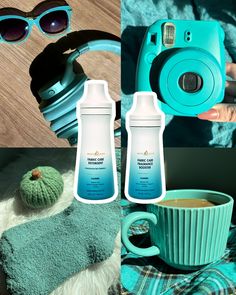 the collage shows various items that are used to make hair care products, including a cup of coffee and headphones