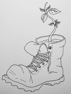 a drawing of a boot with a plant growing out of it