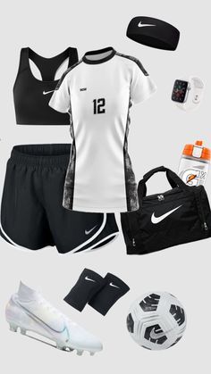 a woman's soccer uniform and accessories are shown