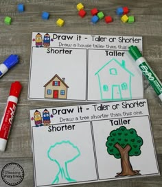 two posters with different pictures on them and markers to draw it or share the story