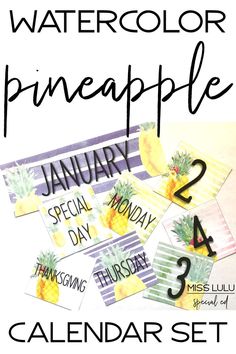 watercolor pineapple calendar set for the month of january, with text overlay