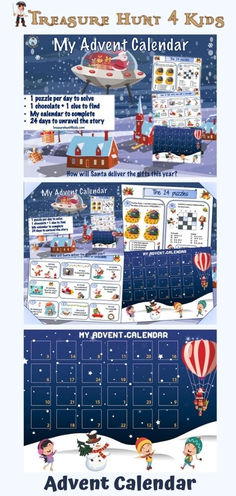 a calendar with an image of children's toys in the snow and hot air balloons