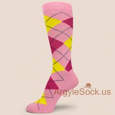 USH795: SOFT PINK BRIGHT YELLOW AND HOT PINK ARGYLE MAN'S SOCKS Pink Argyle, Sock Gifts, Golden Yellow