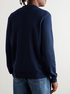 DESIGNED BY MR PORTER. Mr P.'s cotton polo shirt has been made in Italy and blended with touches of silk for softness. In a neutral navy shade, it's knitted in a wavy texture and has a relaxed open collar. Wear it with your go-to denim and sneakers. Blue Cotton Polo Sweater For Work, Blue Cotton Polo Sweater For Workwear, Cotton Polo Sweater With Textured Knit For Work, Cotton Textured Knit Polo Sweater For Work, Blue Collared Tops With Ribbed Cuffs, Cotton V-neck Polo Sweater For Workwear, Blue Cotton Polo Sweater With Ribbed Cuffs, Blue Collared Top With Ribbed Cuffs, Blue Textured Knit Collared Tops