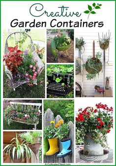 an advertisement for creative garden containers with pictures of flowers and plants in pots on them