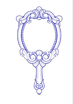 a drawing of a mirror with an ornate frame on the top and bottom corner, in blue