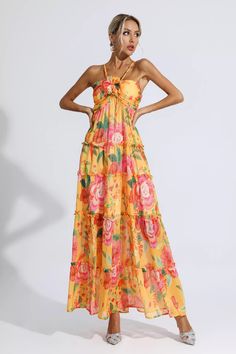 Paris Yellow Halterneck Floral Maxi Dress Dress Paris, Glitter Wedding Dress, As You Like It, Bandage Midi Dress, Floral Shirt Dress, Feather Dress, Puff Sleeve Dresses, Maxi Knit Dress, Look Stylish