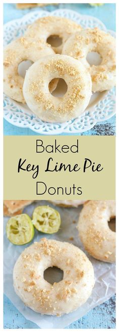 baked key lime pie donuts on a plate with the words baked key lime pie doughnuts