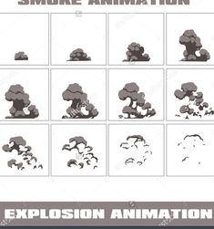 the explosion animation is shown in black and white, with different stages to create it