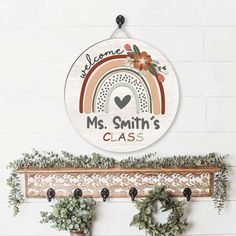 the welcome sign for mrs smith's class hangs on the wall next to two potted plants