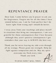 a poem written in black and white with the words repentance prayer on it