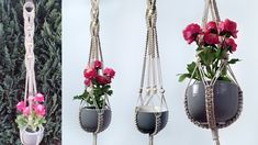 three hanging planters with flowers in them, one is filled with pink and red flowers