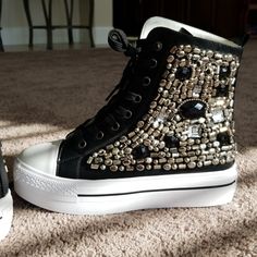 Brand New, No Box. Fits 7-7.5. Adorable Black With White Toe And Trim Heavily Beaded Platform Tennis Shoes. Material Is An Easy To Clean Faux Leather. Sadly They Are Too Big. Ordered 6.5 But The Shoe Fits A 7 And 7.5. Firm On Price And No Trades. *All Items Sold From My Closet Are Video Taped Prior To Shipment To Show Quality And Cleanliness.* Black Sneakers With Rhinestones And Round Toe, Black Rhinestone Sneakers With Round Toe, Black Embellished Round Toe Sneakers, Black Bling Sneakers With Round Toe, Party Sneakers Embellished Black, Black Embellished Party Sneakers, Party Black Embellished Sneakers, High Top Tennis Shoes, Platform Tennis Shoes