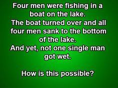 a green background with the words, four men were fishing in a boat on the lake