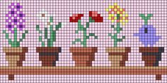 a cross stitch pattern with flowers in pots on a bench and another flower behind it