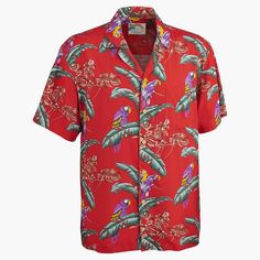 This is the exact replica of the red Hawaiian shirt that actor Tom Selleck made famous on the television show "Magnum PI". Red Casual Collared Hawaiian Shirt, Casual Red Collared Hawaiian Shirt, Red Collared Hawaiian Top, Red Cotton Shirt With Camp Collar, Red Collared Cotton Camp Shirt, Red Printed Button-up Top, Red Cotton Collared Camp Shirt, Red Hawaiian Shirt With Camp Collar, Red Hawaiian Shirt With Relaxed Fit