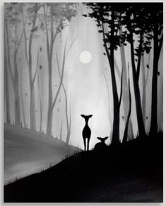 two deer standing in the middle of a forest under a moonlit sky with trees