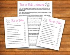 three pink and white printables with the words true or false answers on them