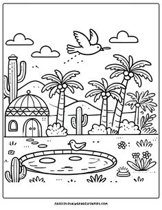 This delightful scene showcases vibrant palm trees, a peaceful pond, and a graceful bird in flight Cactus Coloring Page, Sabbath School