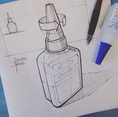 a drawing of a bottle with a cap on it next to a pen and marker