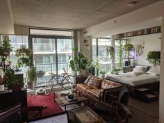 a living room filled with furniture next to a window covered in plants and potted plants