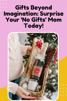 a woman holding a basket filled with wine and other gifts for her mother's day